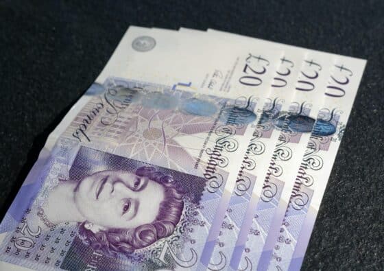 Close up of £20 sterling note